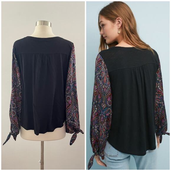 Anthropologie Akemi + Kin Maybelle Paisley Balloon Tied-Sleeve Top Black Medium - Picture 2 of 10